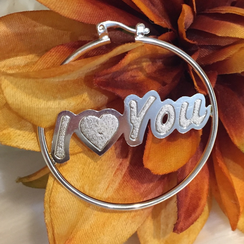 925 White Gold Filled I LOVE YOU Hoop Earrings.